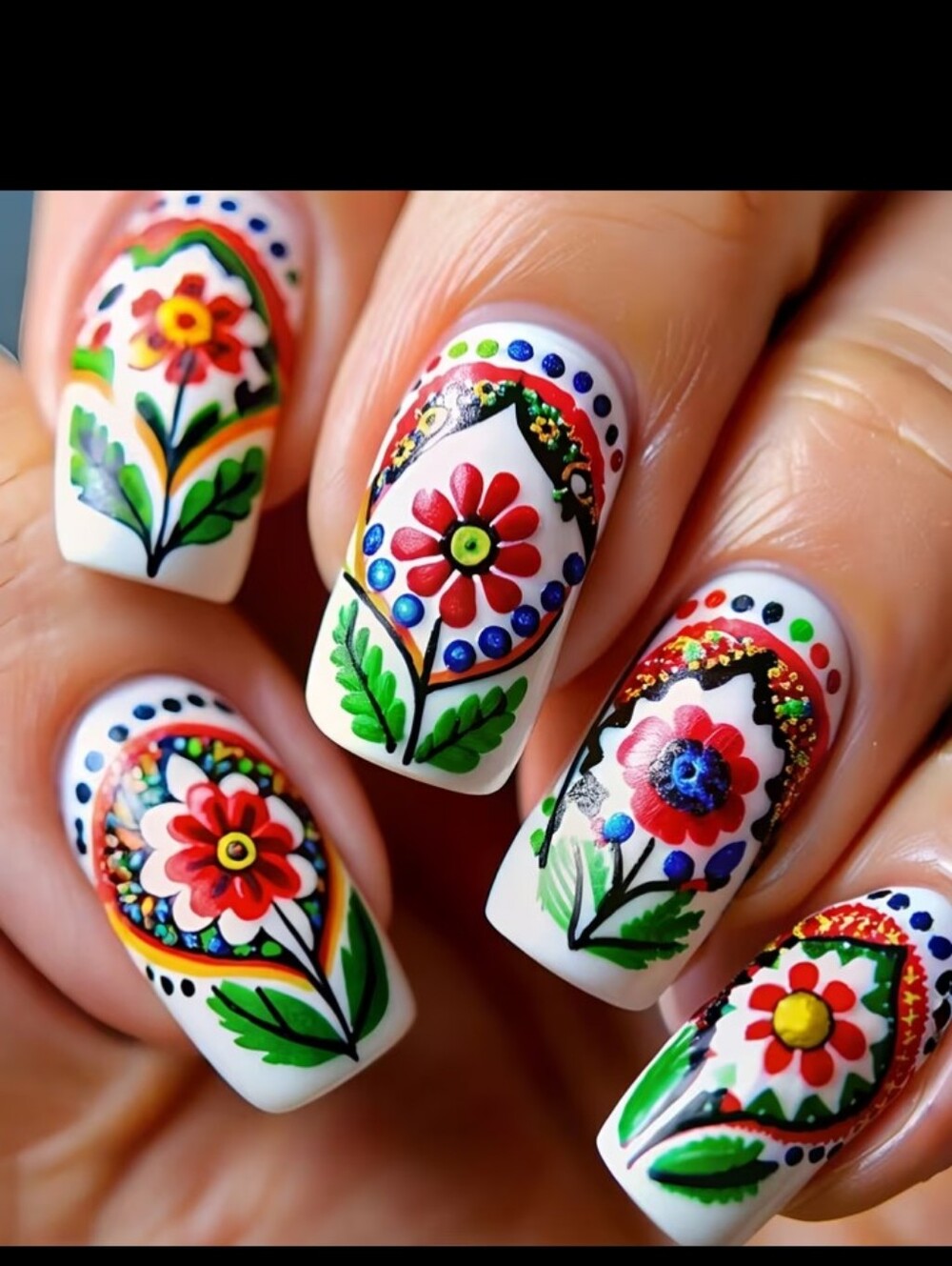 🔥3/$21 White Floral Nail Art with Red & Green Accents Press On Nails